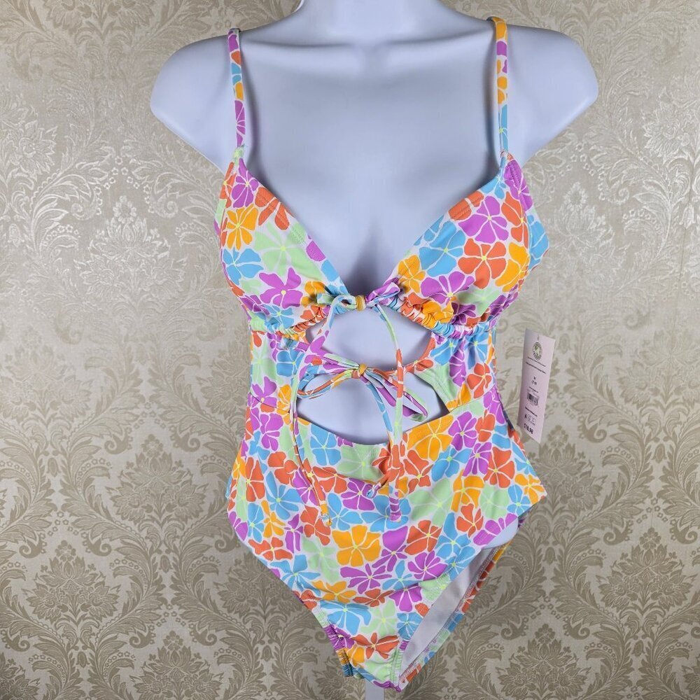 No Boundaries Size Med (7-9) Floral Print One Piece Cutout Front Adj Straps NWT